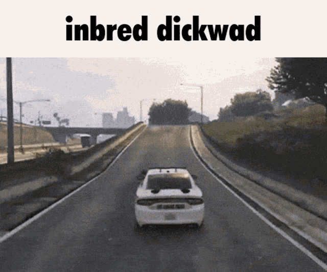 a car is driving down a highway with the words inbred dickwad written above it