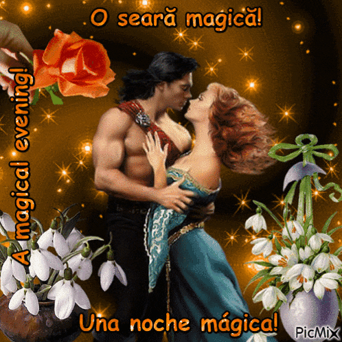 a picture of a man and woman kissing with the words o seara magica on the bottom