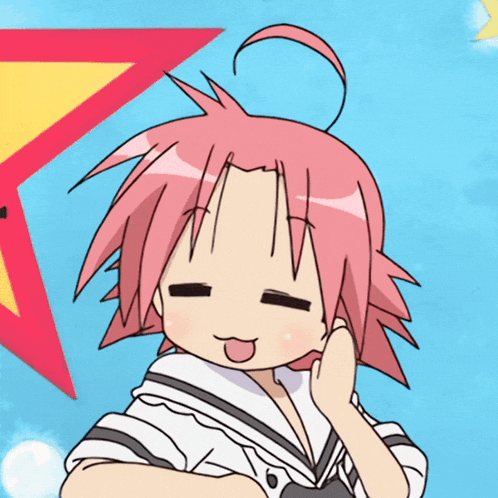 a girl with pink hair and a white shirt is smiling