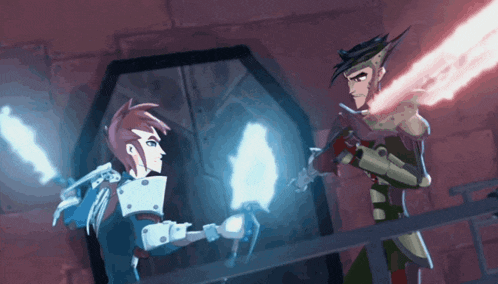 two cartoon characters are holding glowing lightsabers