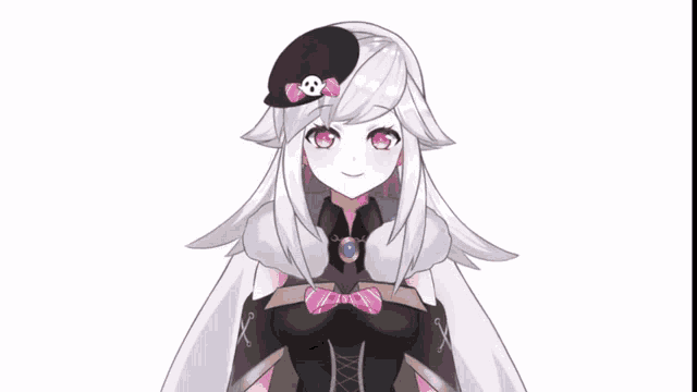 a girl with white hair wearing a hat with a skull on it