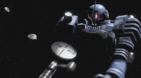 a robot is flying through space holding a gun .
