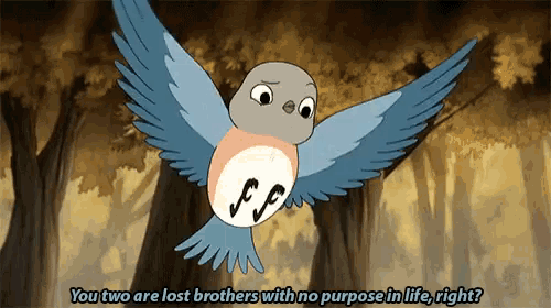 a cartoon bird is flying with the words " you two are lost brothers with no purpose in life right " written below it