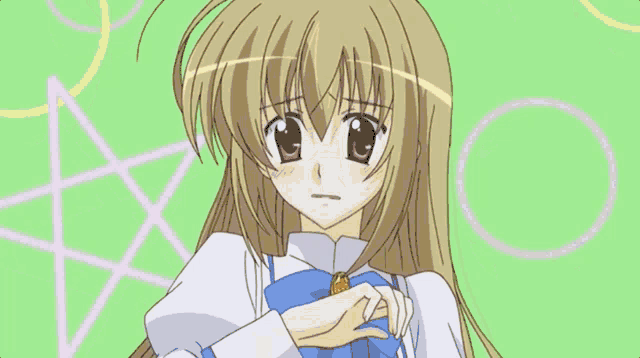 a girl in a white dress with a blue bow is looking at the camera
