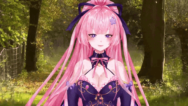 a girl with long pink hair and a purple dress