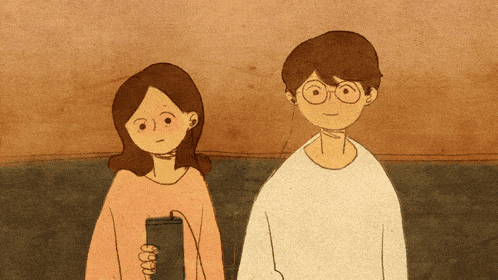 a boy and a girl are standing next to each other and the girl is wearing headphones