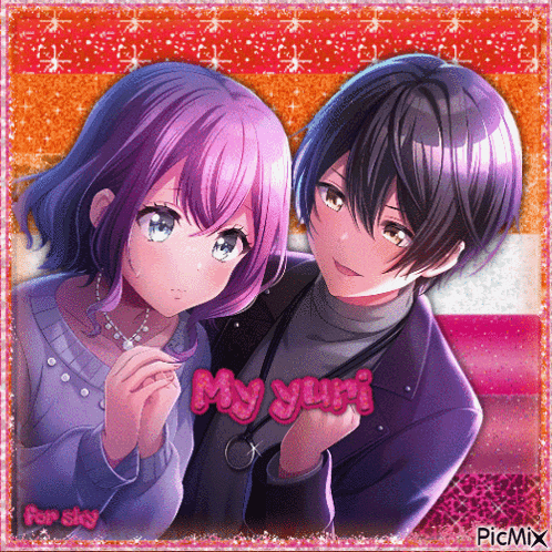 a picture of a boy and a girl with the words my yuri written in pink