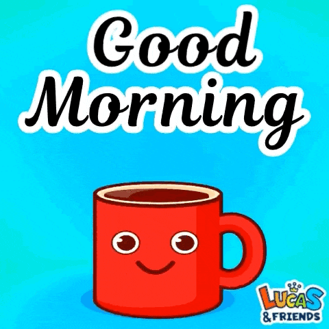 a red cup of coffee with a face and the words good morning lucas & friends