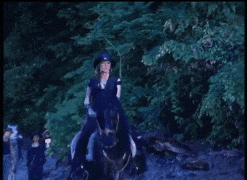 a woman riding a horse in the woods with trees in the background