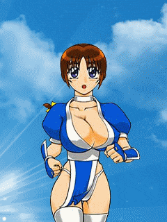 a cartoon of a woman in a blue and white outfit with a blue sky in the background