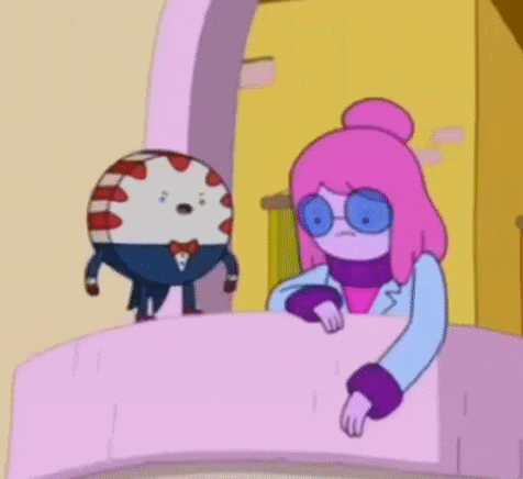 a cartoon character is standing next to a cartoon character with pink hair .