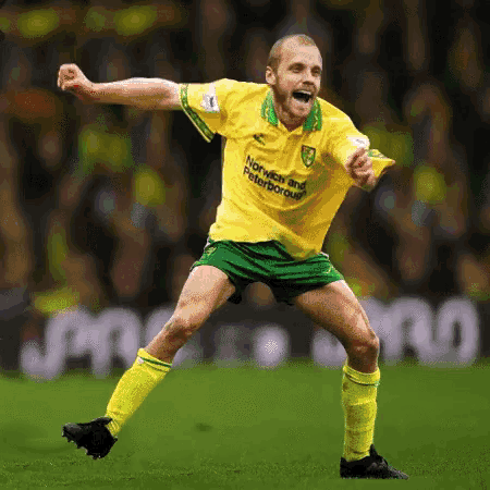 a soccer player wearing a yellow and green jersey with norwich and peterborough written on it