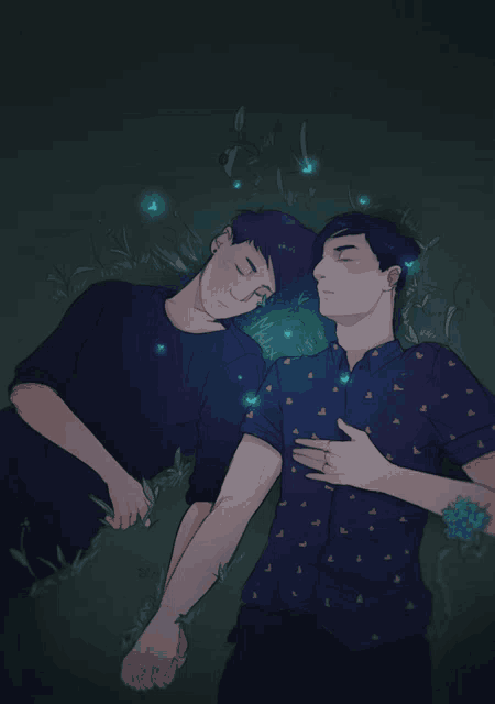 a drawing of two men laying in the grass with fireflies around them