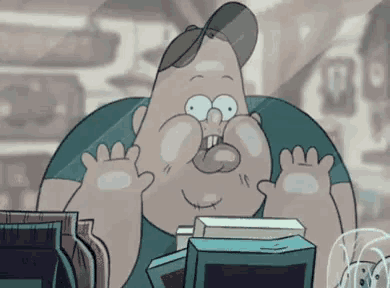 a cartoon character is sitting at a counter in a store and waving his hands .
