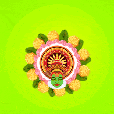 a happy onam greeting card with flowers and a green face