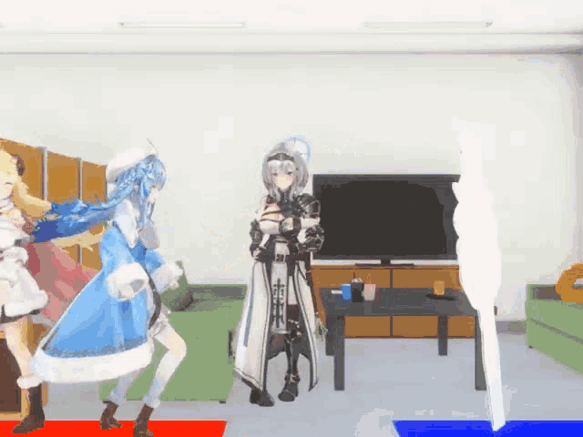 three anime girls are dancing in a living room