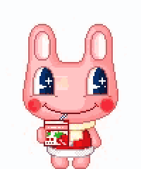 a pixel art of a pink rabbit drinking a drink from a cup .