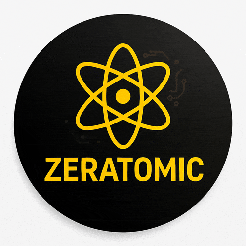 a black circle with a yellow icon of an atom and the word zeroatomic on it