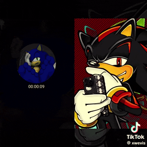 a cartoon of shadow the hedgehog holding a cell phone with the words shit written above him