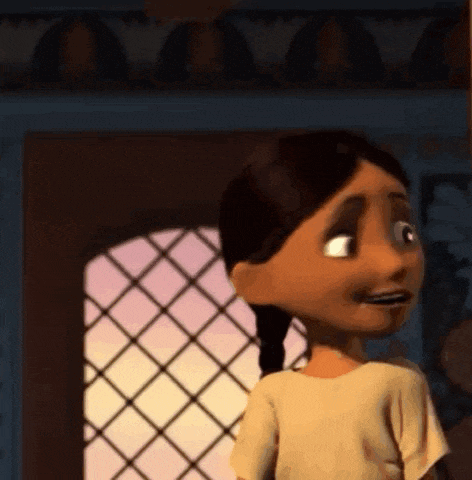 a cartoon girl with pigtails is standing in front of a window and smiling .