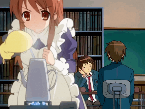 a girl in a maid costume is standing in front of a stove