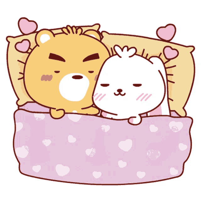 a cartoon of a bear and a rabbit sleeping together
