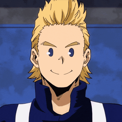 a cartoon character with blonde hair and blue eyes smiles for the camera