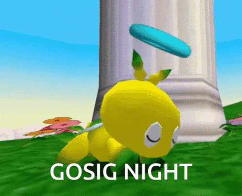 a yellow cartoon character with a blue frisbee on its head and the words gosig night below it
