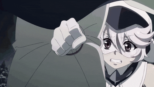 a girl with white hair and a black hat is holding a fist up