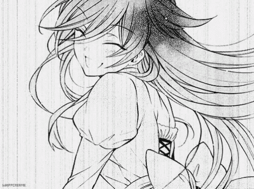 a black and white drawing of a girl with long hair is smiling .