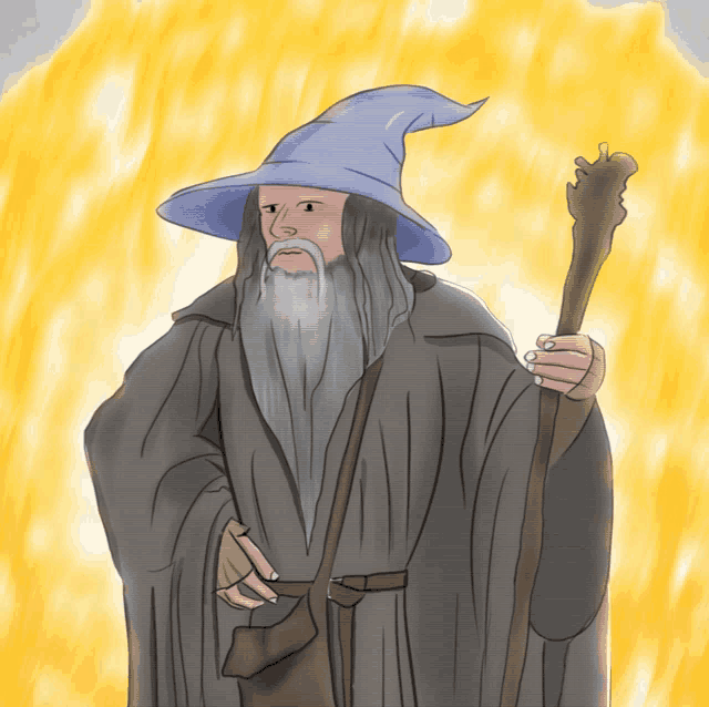 a drawing of a wizard wearing a blue hat and holding a cane