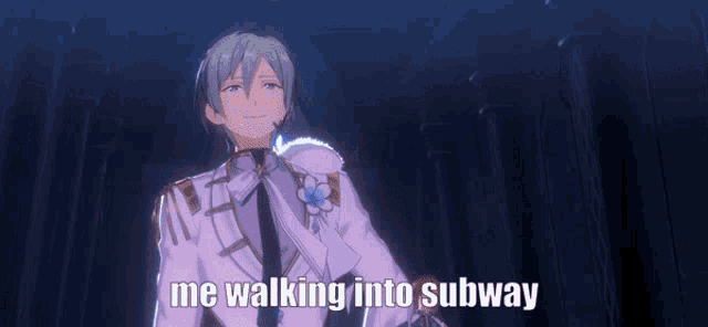 a cartoon character says me walking into subway in a dark room