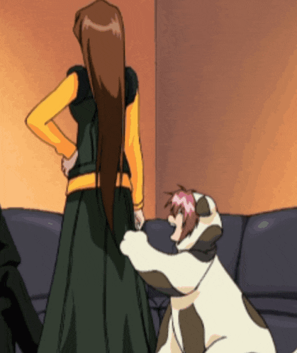 a cartoon of a woman standing next to a dog with pink hair