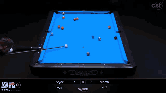 a pool table with a blue cloth and balls on it