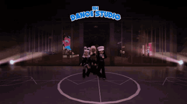 three girls are standing in front of a dance studio sign