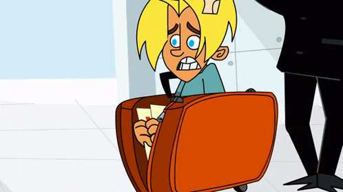 a cartoon character is sitting in a suitcase with a piece of paper in it