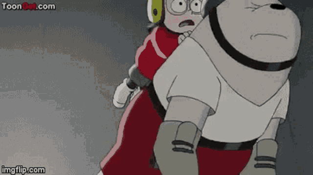 a cartoon character is carrying another cartoon character .