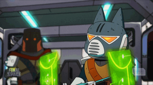 a cartoon character from final space is standing next to a man