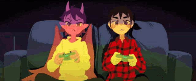 a couple of cartoon characters sitting on a couch playing video games