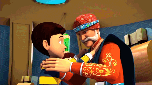 a man with a bandana on his head is talking to another man