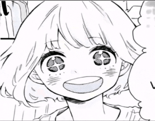 a black and white drawing of a smiling girl