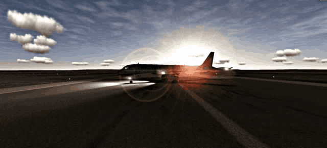 an airplane on a runway with the sun shining in the background