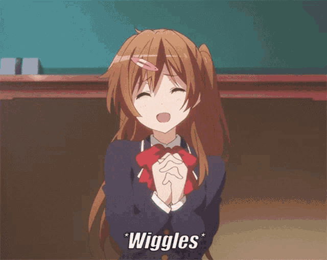 a girl with her eyes closed and the word wiggle written below her
