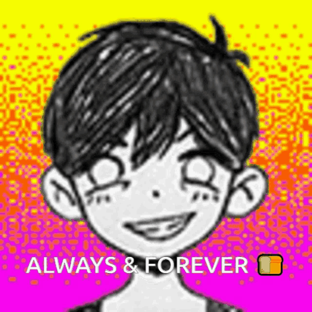 a black and white drawing of a boy smiling with the words `` always and forever '' written below him .
