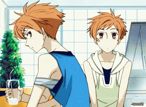 two anime characters are standing next to each other and one of them is holding a glass of milk
