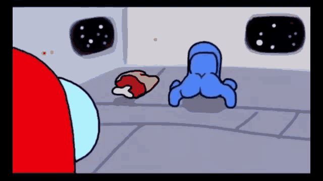 a cartoon of a blue character laying on the floor next to a chicken .