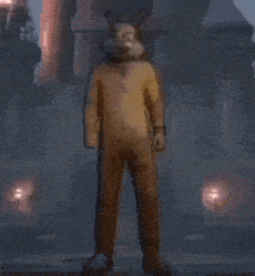 a cartoon character in a rabbit costume is standing in front of a building .