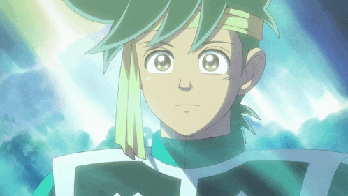 a close up of a cartoon character with green hair and a white shirt
