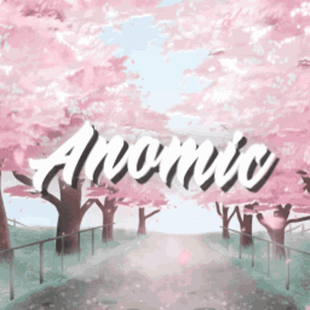 a painting of a path with cherry blossom trees and the word " atomic "