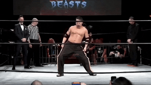 a man in a wrestling ring with the word beasts on the screen